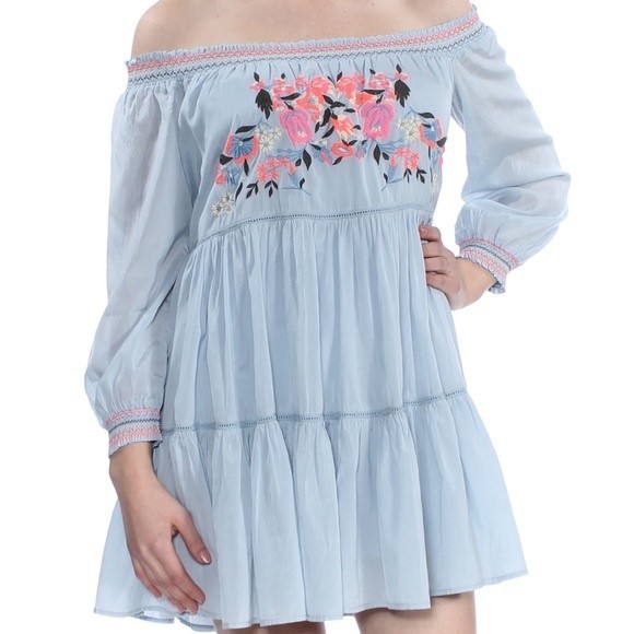 Free People Dresses & Skirts - Free People Sun Beams Embroidered Off-The-Shoulder Mini Dress LIGHT BLUE - SMALL